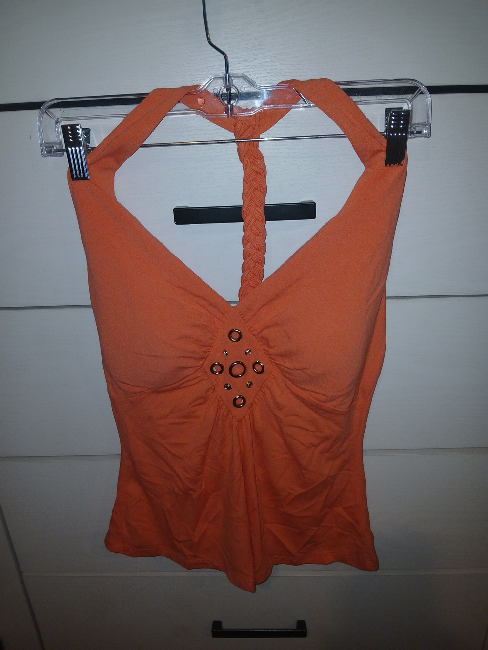 Cache Orange Braided-Halter Tank with Metal Ring Detail